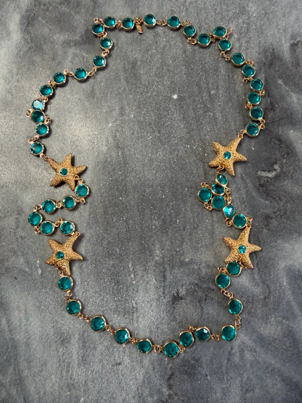 Vintage Swarovski Gold Starfish Long Necklace Bezel Set Teal Crystals